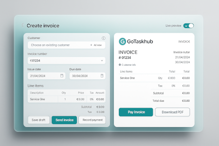 GoTaskhub Create Invoice screen with customer selection, line items, totals and a live preview