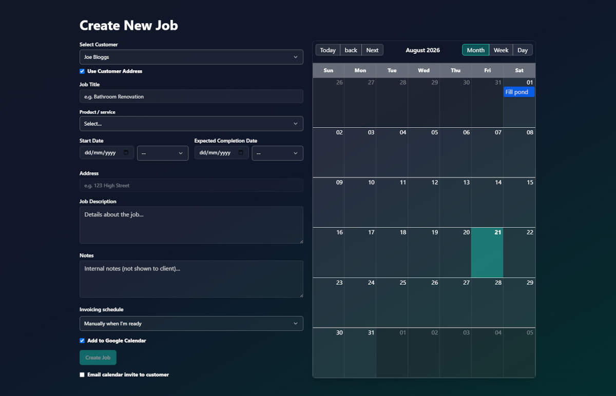 Job scheduling and tracking dashboard showing dates, site progress, notes, and photos