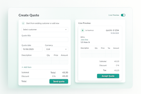 GoTaskhub Create Quote screen with customer selection, items, totals and a live preview