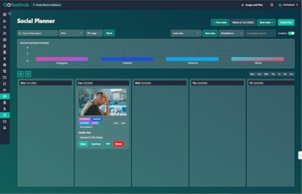 GoTaskhub Task Manager board for organising creator projects and brand deals